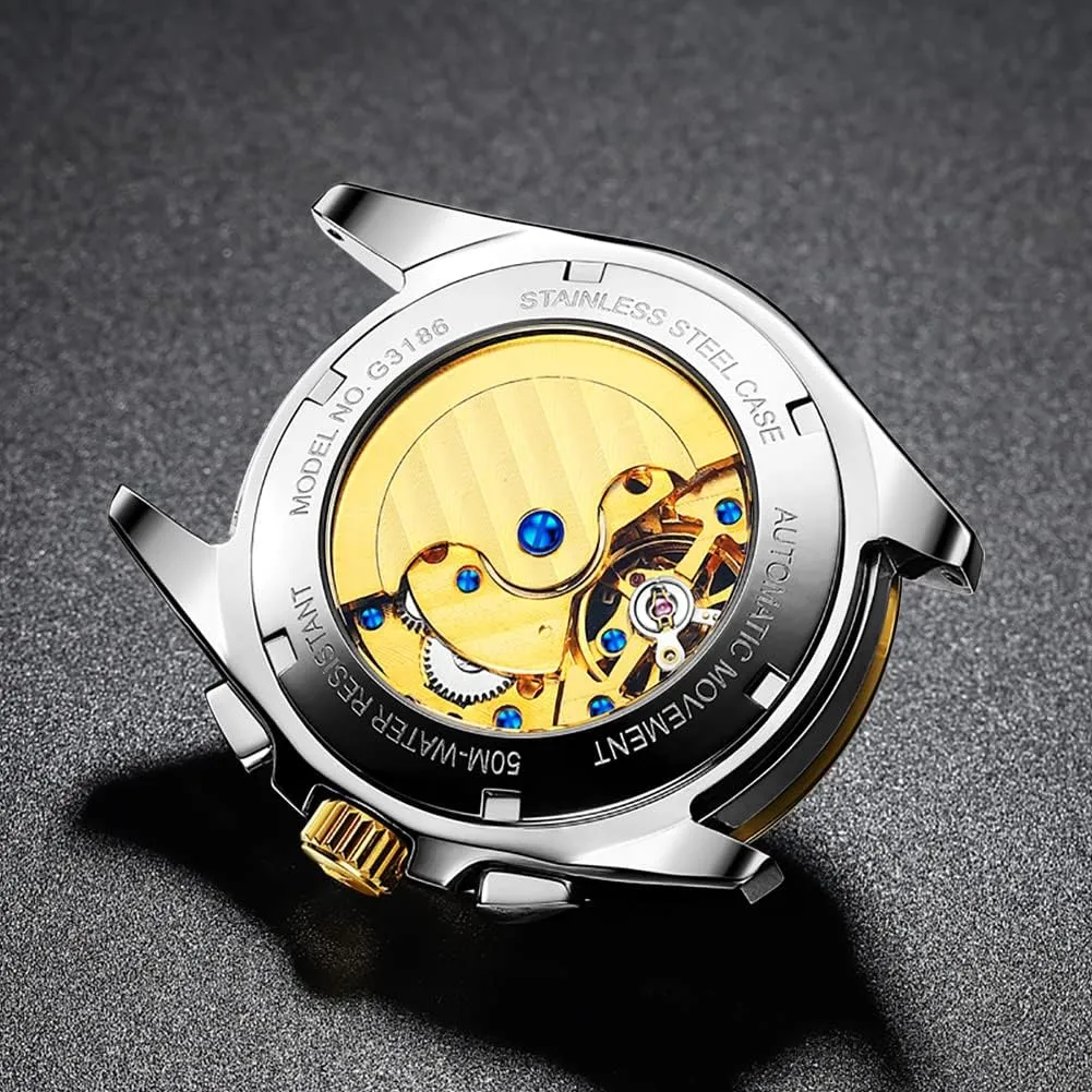 OUPINKE Mens Watches Skeleton Automatic Mechanical Premium with Calendar Sapphire Crystal Tungsten Steel Waterproof Wrist Watch