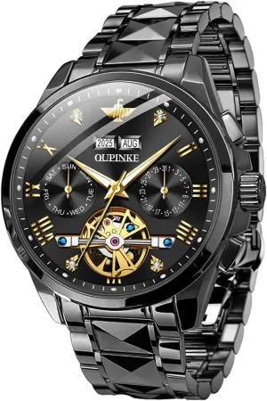 OUPINKE Mens Watches Skeleton Automatic Mechanical Premium with Calendar Sapphire Crystal Tungsten Steel Waterproof Wrist Watch