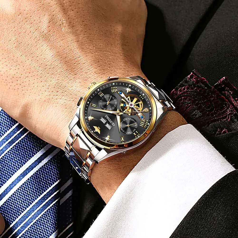 OUPINKE Mens Watches Skeleton Automatic Mechanical Premium with Calendar Sapphire Crystal Tungsten Steel Waterproof Wrist Watch