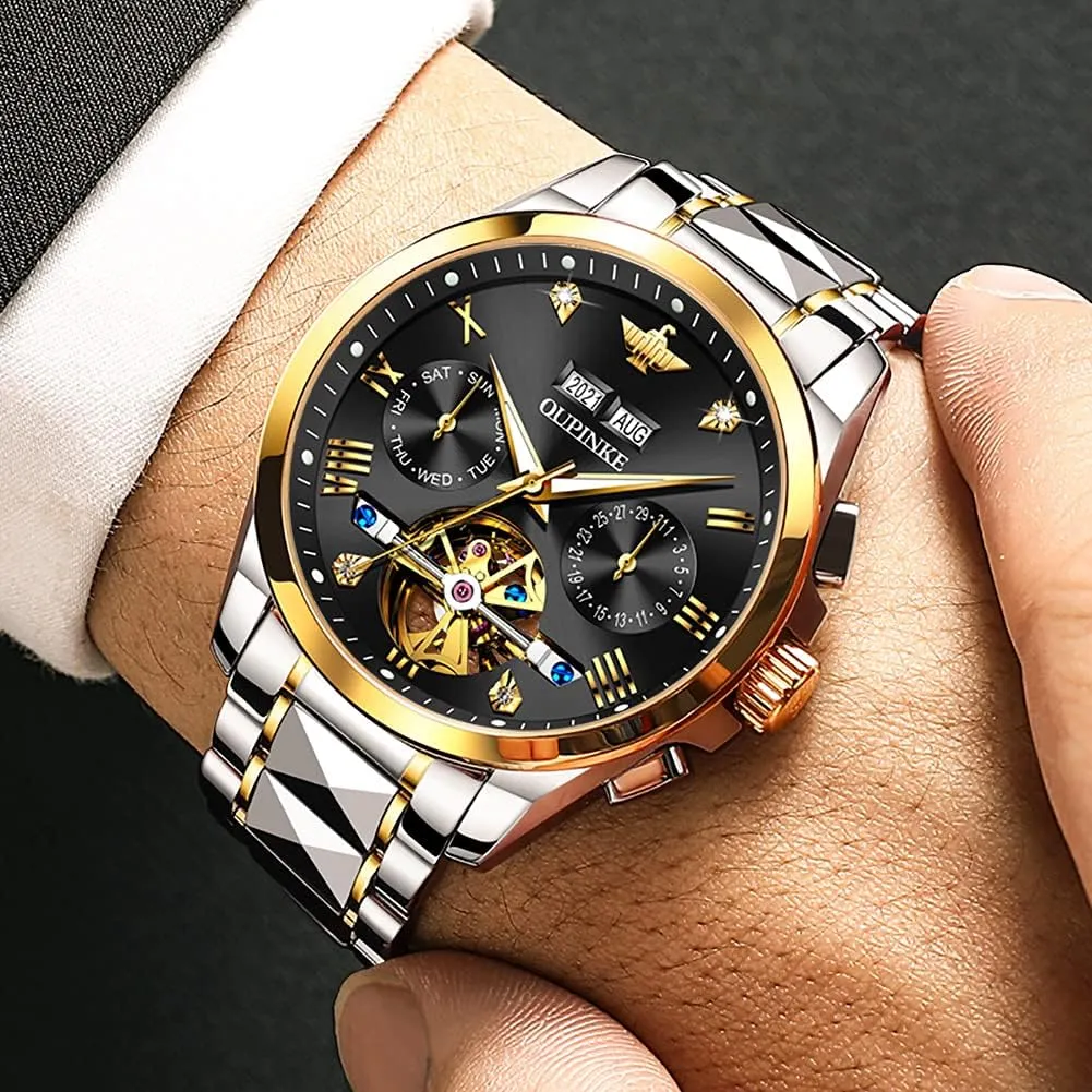 OUPINKE Mens Watches Skeleton Automatic Mechanical Premium with Calendar Sapphire Crystal Tungsten Steel Waterproof Wrist Watch