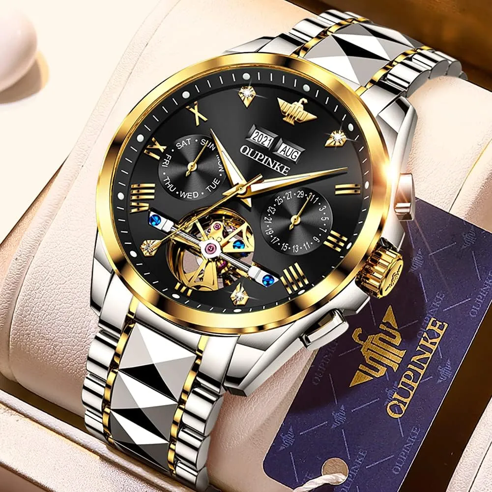 OUPINKE Mens Watches Skeleton Automatic Mechanical Premium with Calendar Sapphire Crystal Tungsten Steel Waterproof Wrist Watch