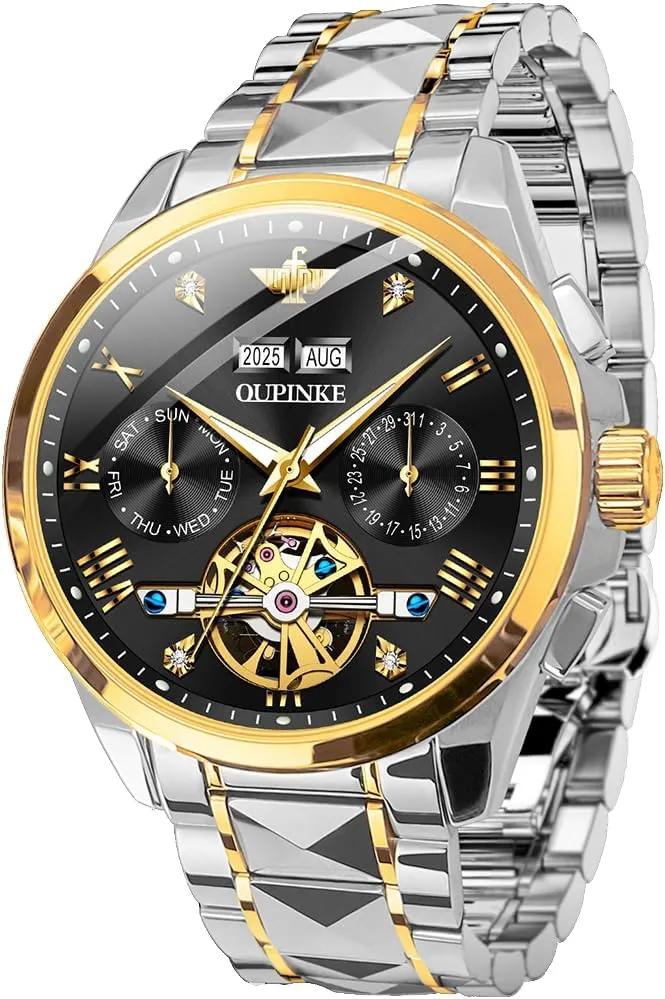 OUPINKE Mens Watches Skeleton Automatic Mechanical Premium with Calendar Sapphire Crystal Tungsten Steel Waterproof Wrist Watch