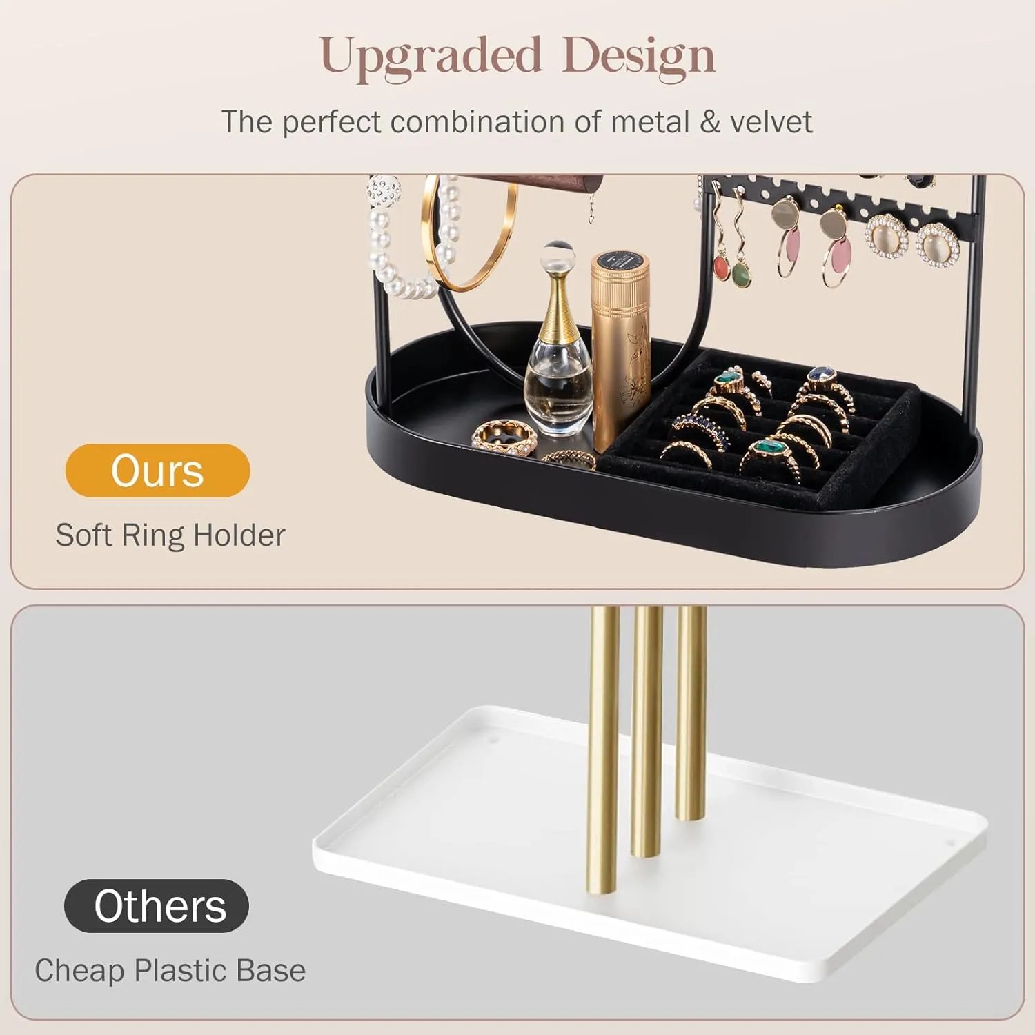 ProCase Jewelry Organizer Jewelry Holder Jewelry Stand with Velvet Ring Tray and Study Metal Frame, Necklace Holder Organizer Bracelet Display Storage Rack for Studs Rings