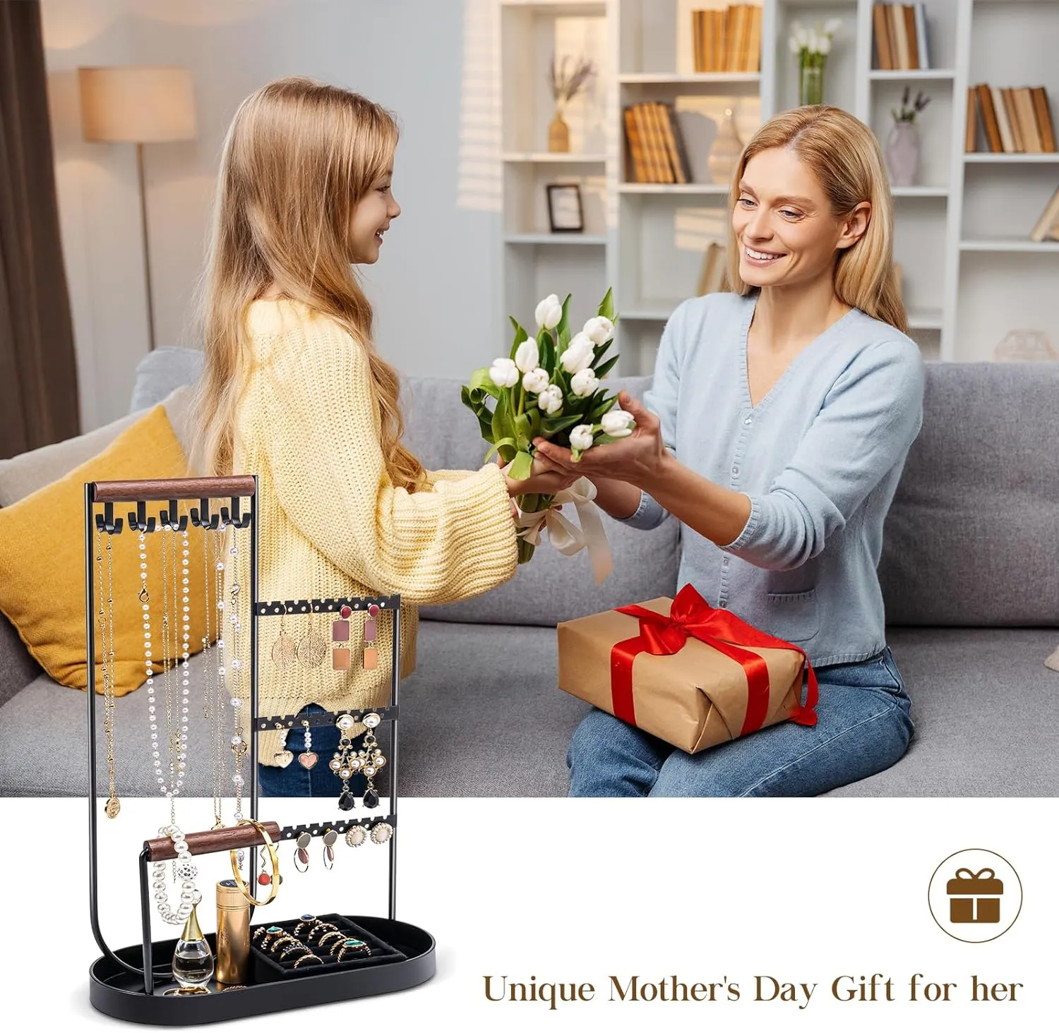 ProCase Jewelry Organizer Jewelry Holder Jewelry Stand with Velvet Ring Tray and Study Metal Frame, Necklace Holder Organizer Bracelet Display Storage Rack for Studs Rings