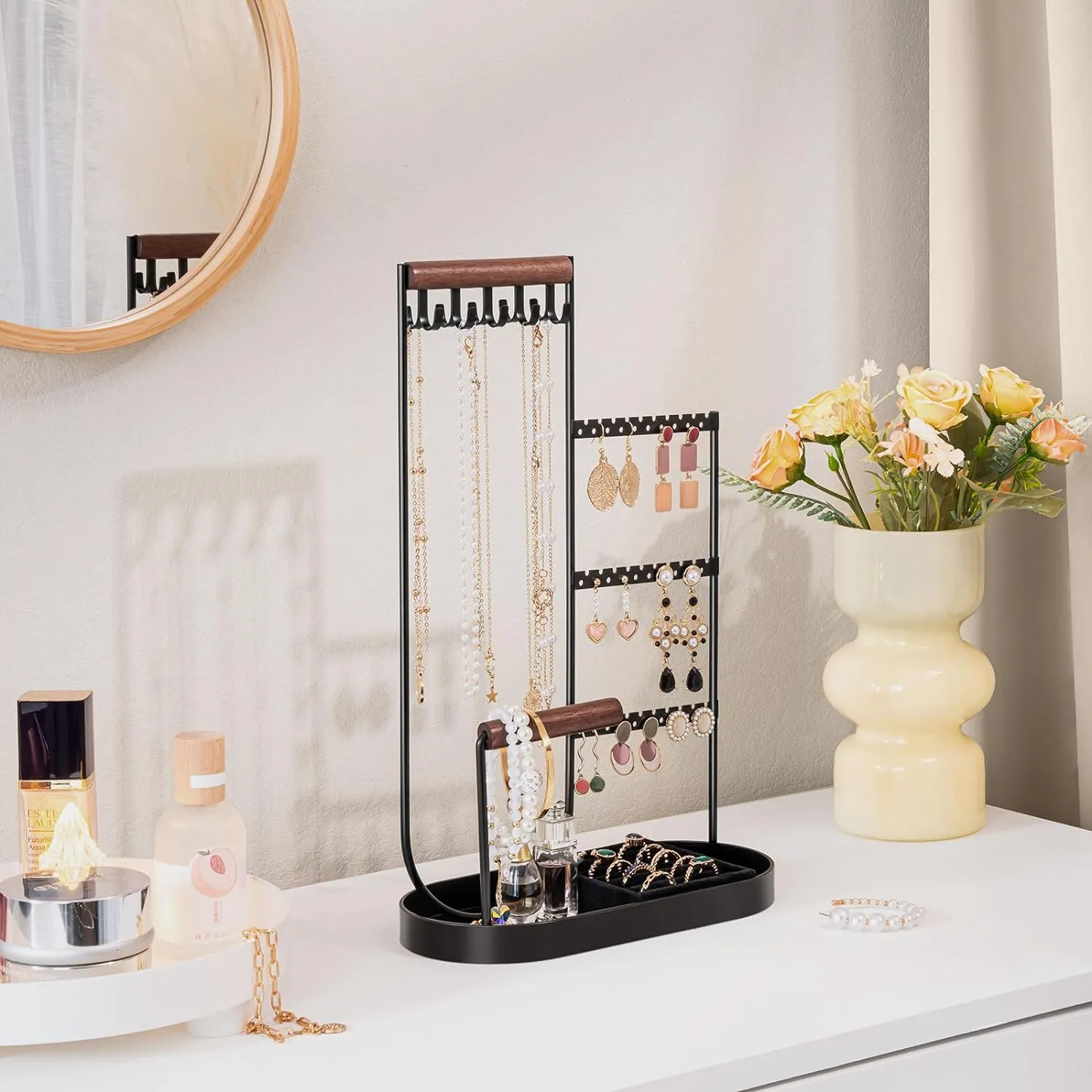 ProCase Jewelry Organizer Jewelry Holder Jewelry Stand with Velvet Ring Tray and Study Metal Frame, Necklace Holder Organizer Bracelet Display Storage Rack for Studs Rings