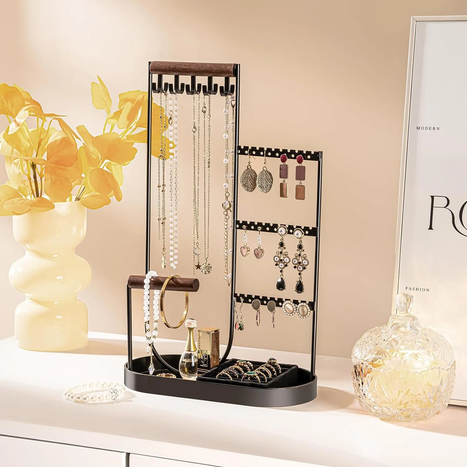 ProCase Jewelry Organizer Jewelry Holder Jewelry Stand with Velvet Ring Tray and Study Metal Frame, Necklace Holder Organizer Bracelet Display Storage Rack for Studs Rings