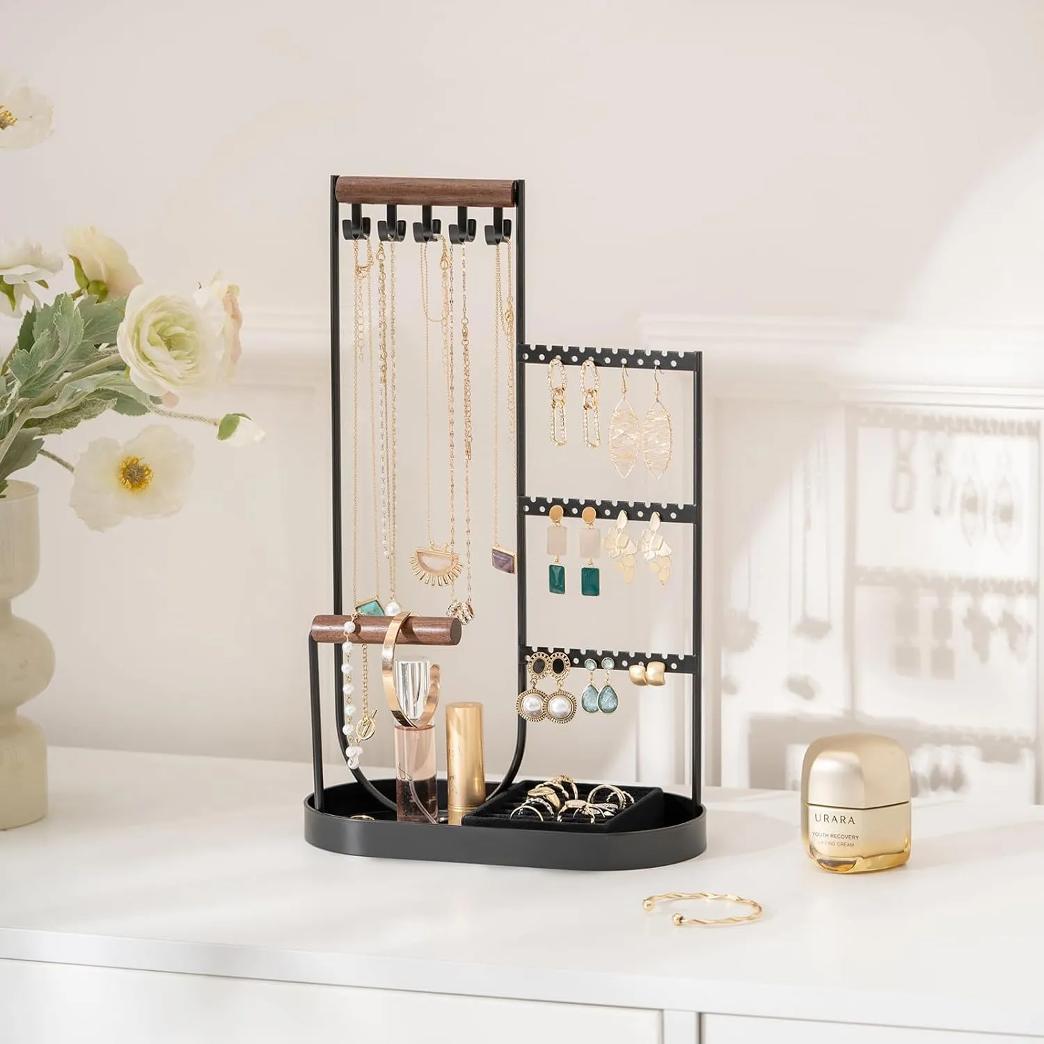ProCase Jewelry Organizer Jewelry Holder Jewelry Stand with Velvet Ring Tray and Study Metal Frame, Necklace Holder Organizer Bracelet Display Storage Rack for Studs Rings