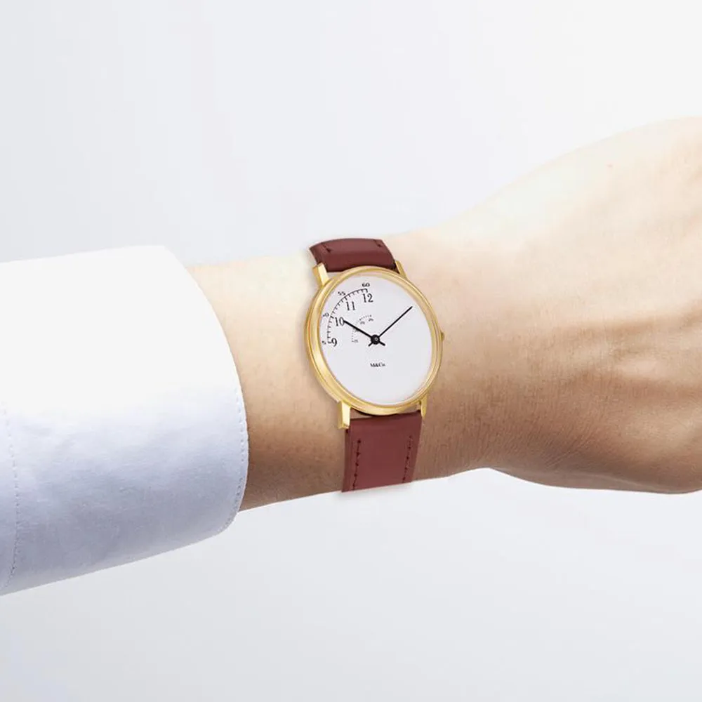 Projects Unisex Stainless Steel Case Brown Leather Strap White Dial Gold Watch - 7408