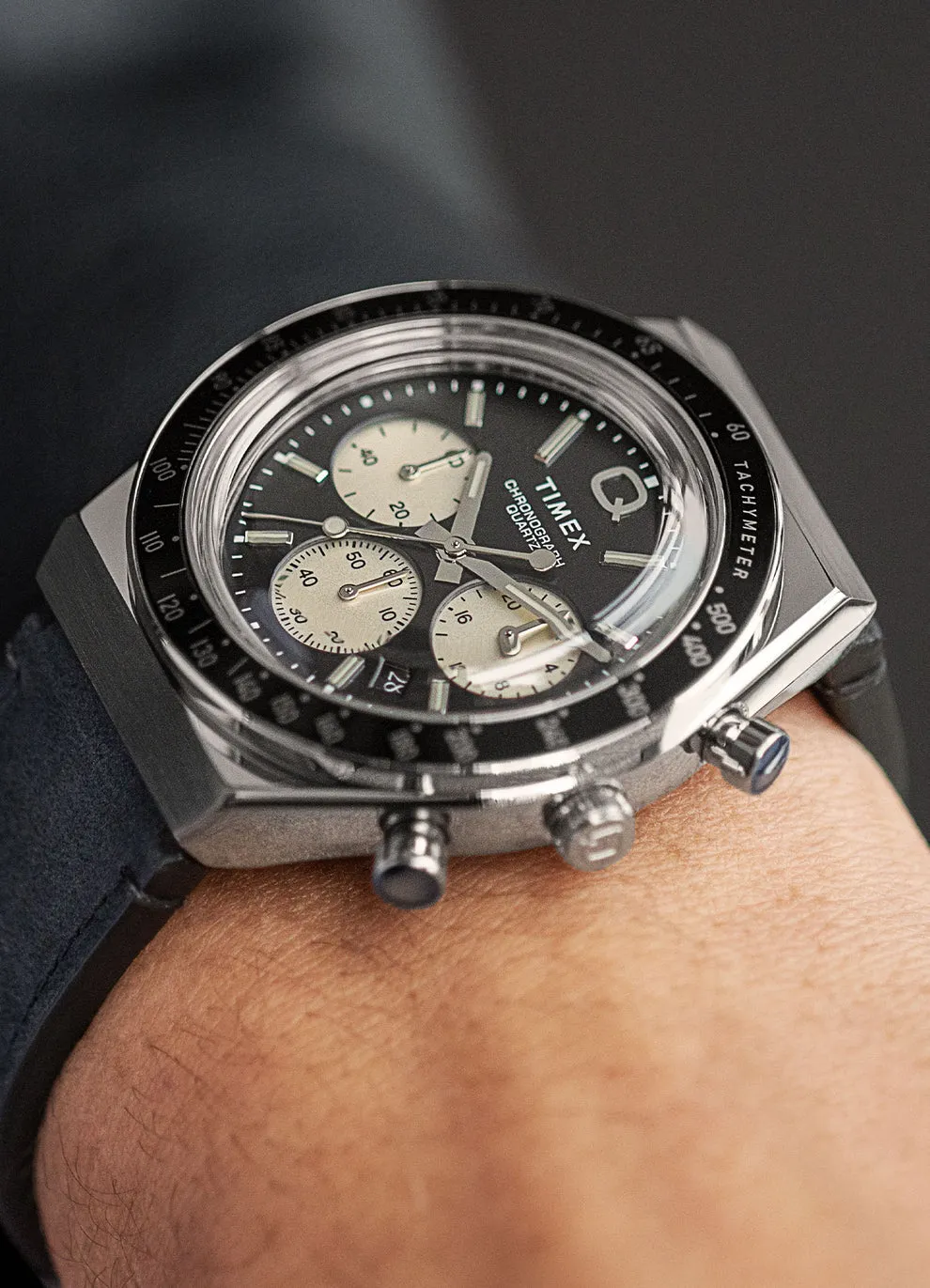 Q Timex Chronograph 40mm Leather Strap Watch - Black