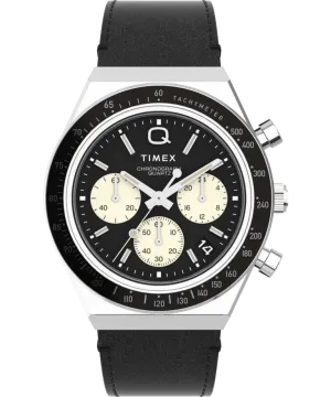 Q Timex Chronograph 40mm Leather Strap Watch - Black