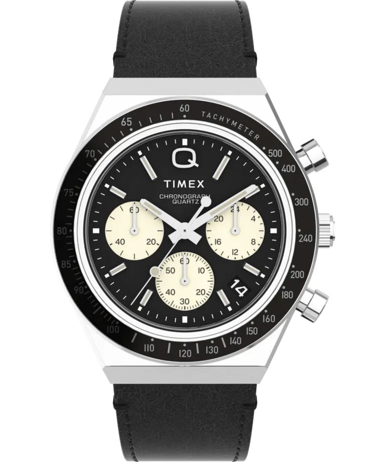 Q Timex Chronograph 40mm Leather Strap Watch - Black