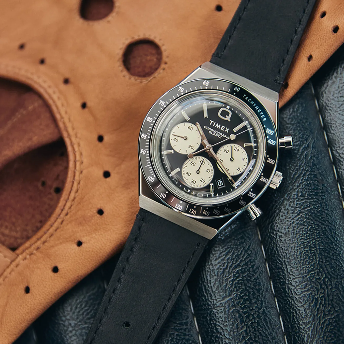 Q Timex Chronograph 40mm Leather Strap Watch - Black