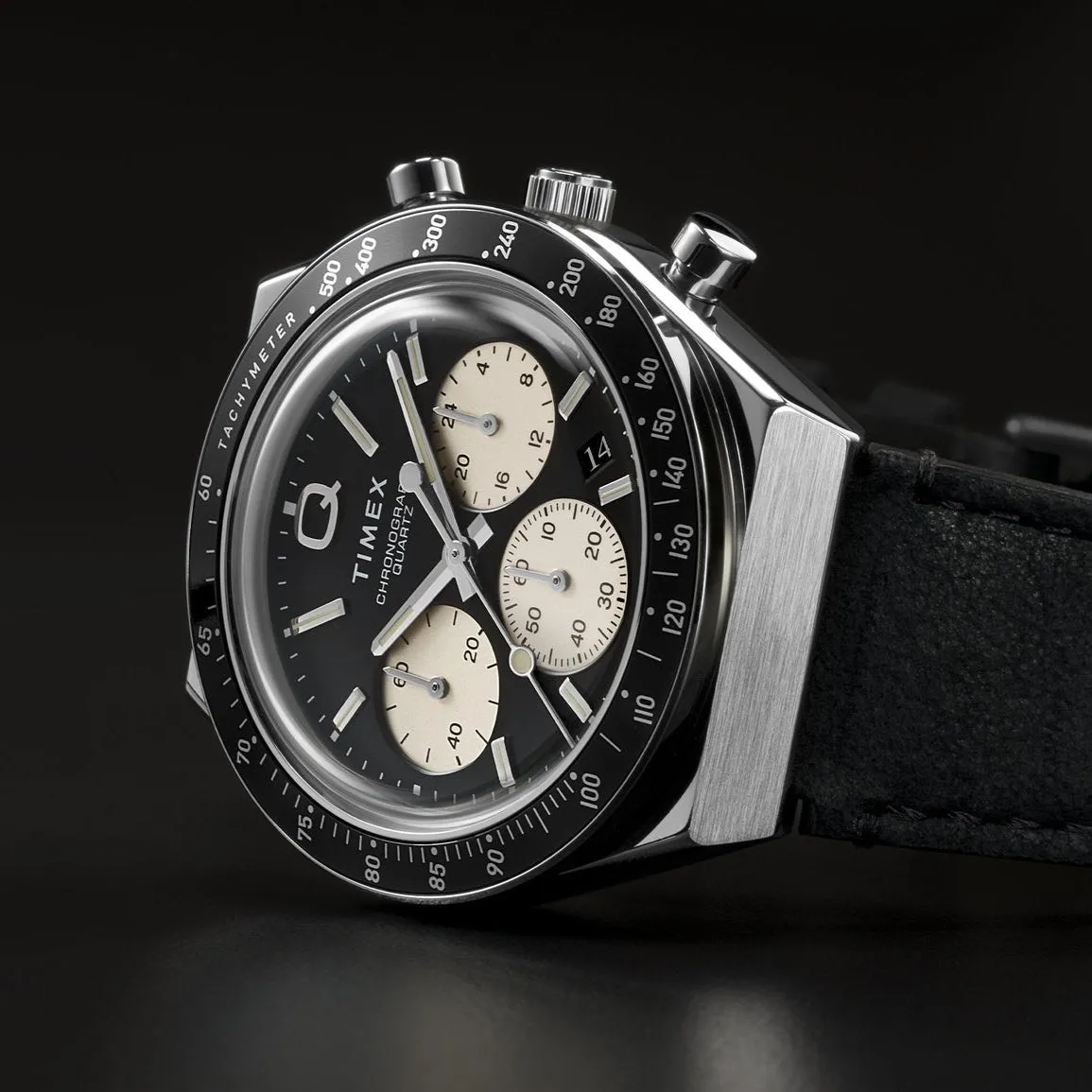 Q Timex Chronograph 40mm Leather Strap Watch - Black