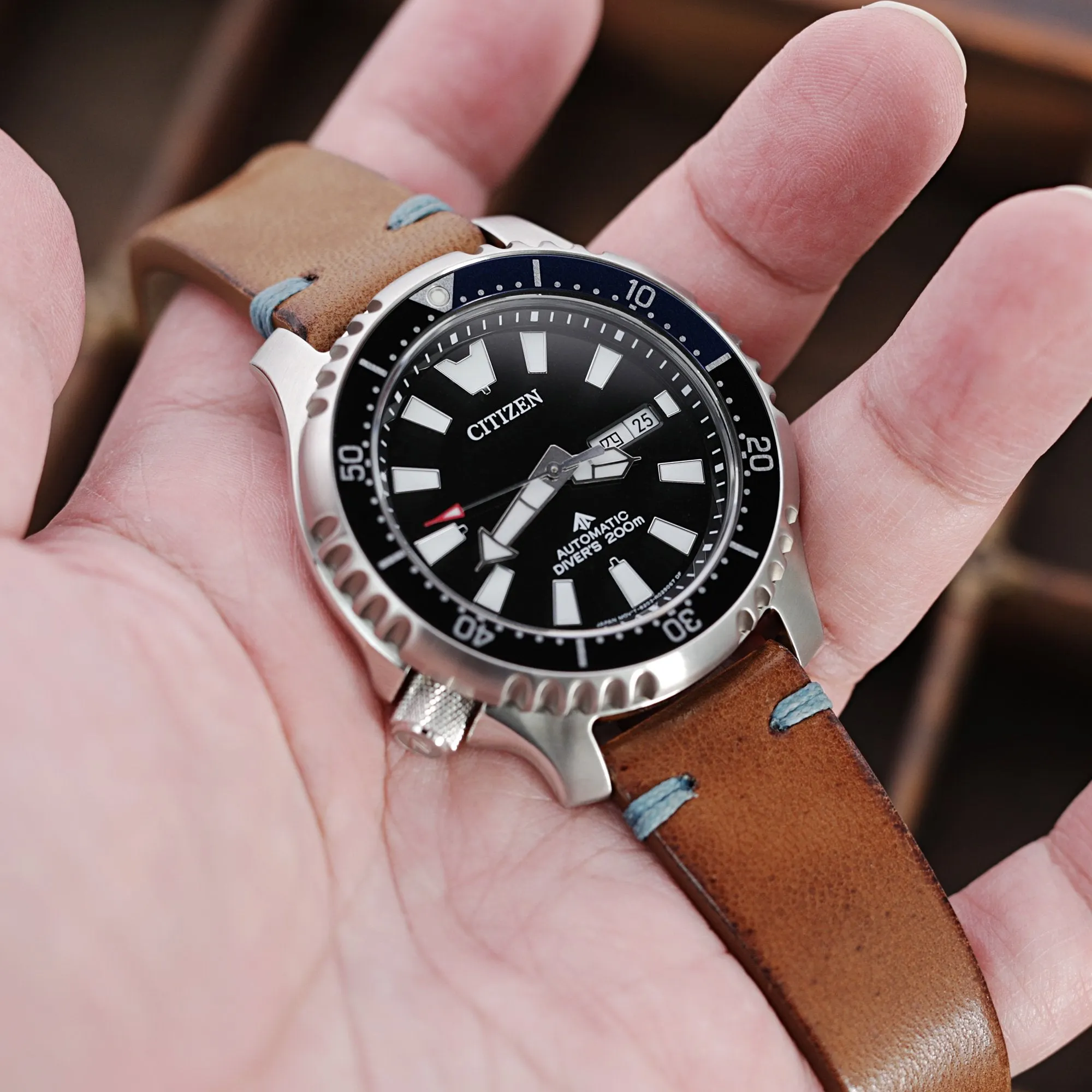 Q.R. 20mm Italian Handmade Brown Horse Leather Watch Band, One-piece V-clasp, Blue St.