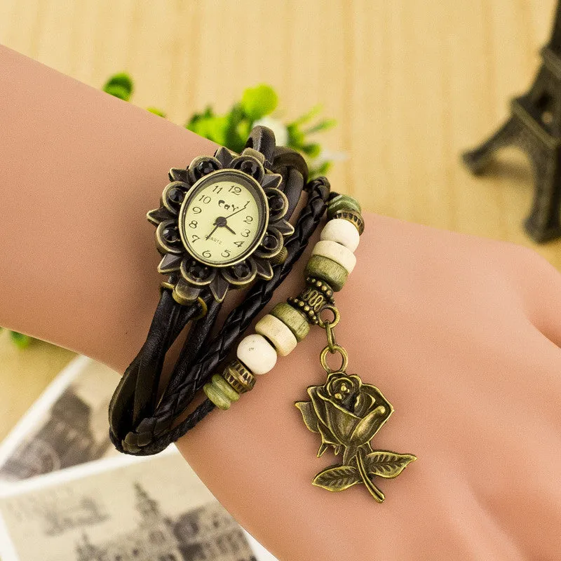 Retro Style Rose Pendant Multilayer Watch