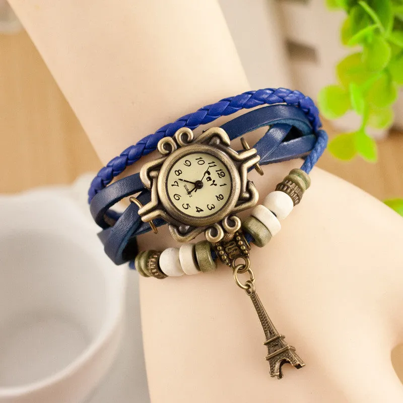 Retro Tower Pendant Woven Bracelet Watch