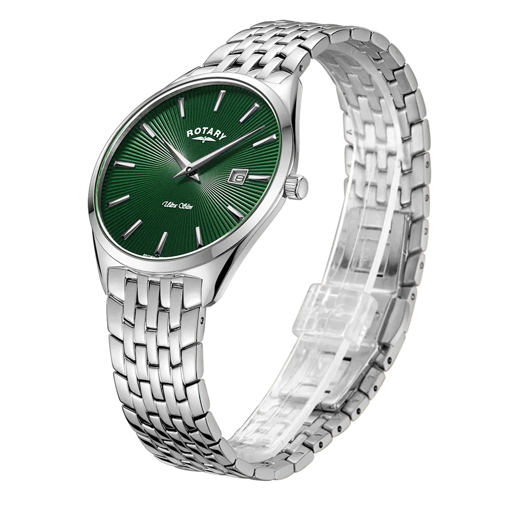Rotary Gents Stainless Steel Ultra Slim Green Dial Bracelet Watch
