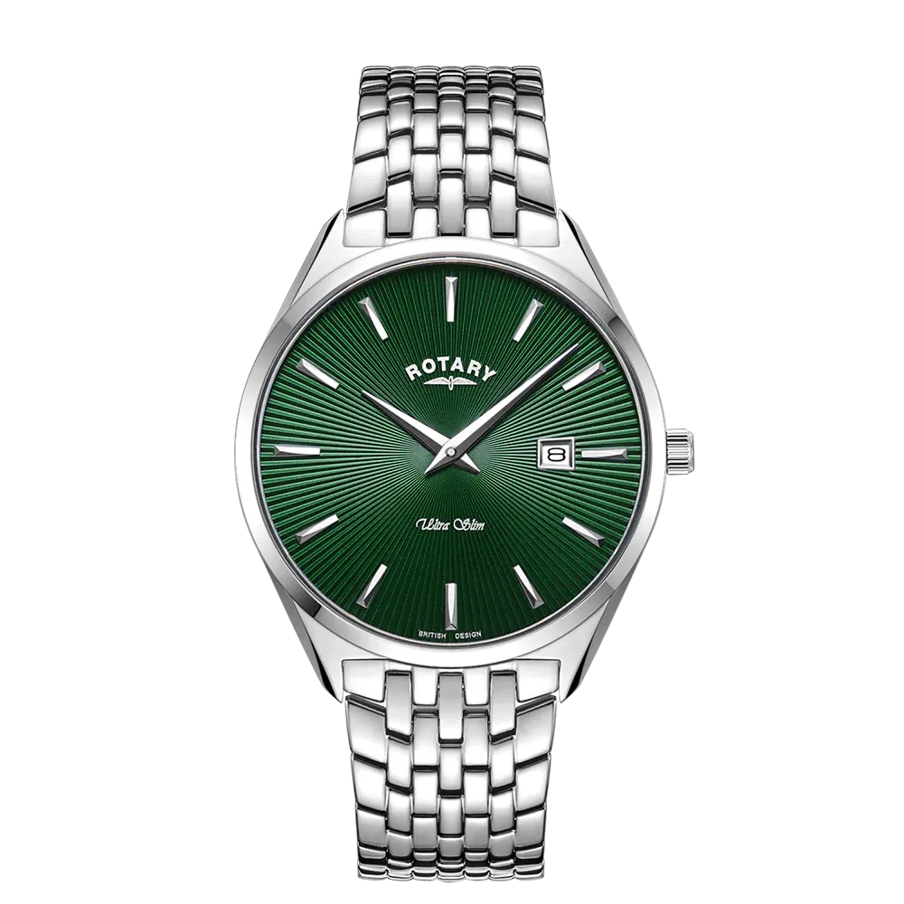 Rotary Gents Stainless Steel Ultra Slim Green Dial Bracelet Watch