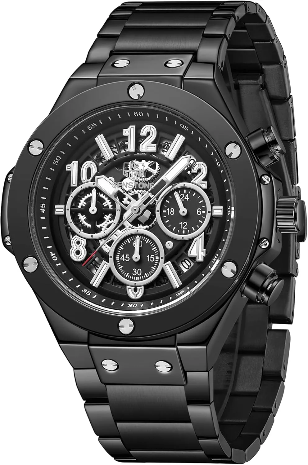SENSETONE Mens Watches Quartz Movement Chronograph Stainless Steel Black Strap Fashion Business Sport 30M Waterproof Big Dial Wristwatch Elegant Watch for Men Luminous Calendar
