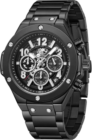 SENSETONE Mens Watches Quartz Movement Chronograph Stainless Steel Black Strap Fashion Business Sport 30M Waterproof Big Dial Wristwatch Elegant Watch for Men Luminous Calendar