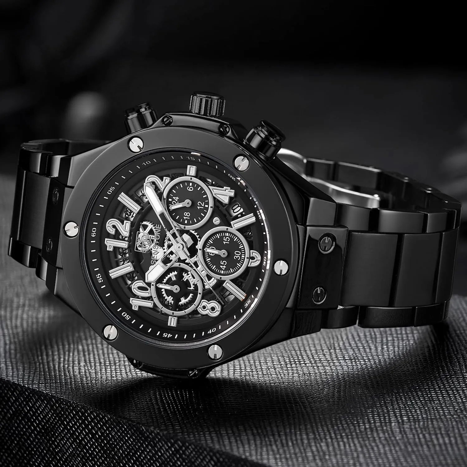 SENSETONE Mens Watches Quartz Movement Chronograph Stainless Steel Black Strap Fashion Business Sport 30M Waterproof Big Dial Wristwatch Elegant Watch for Men Luminous Calendar