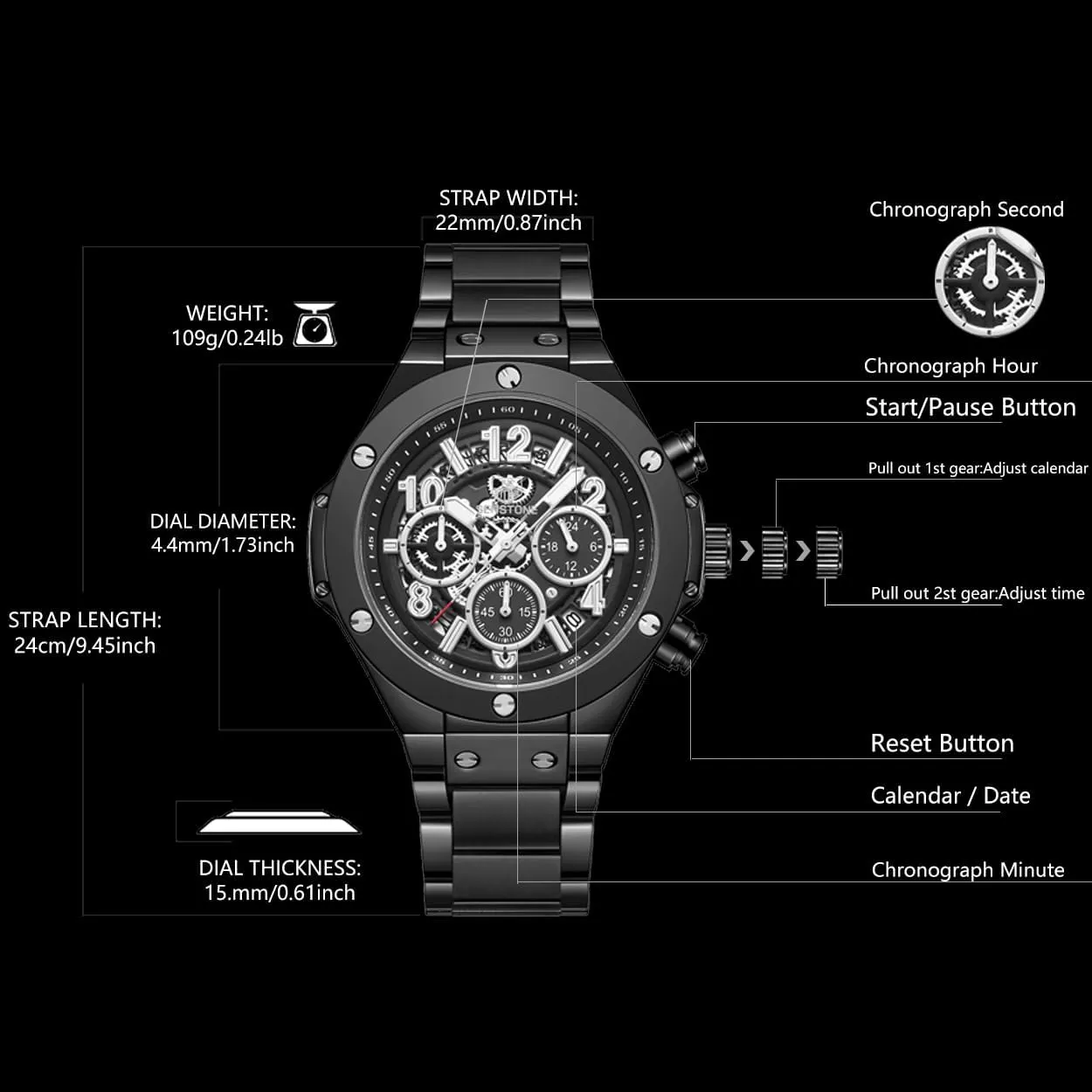 SENSETONE Mens Watches Quartz Movement Chronograph Stainless Steel Black Strap Fashion Business Sport 30M Waterproof Big Dial Wristwatch Elegant Watch for Men Luminous Calendar