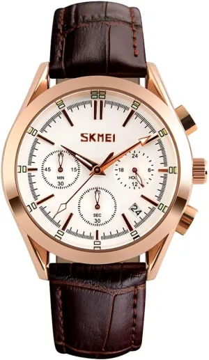 SKMEI Men Watches Black Leather Band Sports Large Big Face Luxury Waterproof Luminous Fashion Dress Casual Analog Quartz Chronograph Father Gifts Wrist Watch