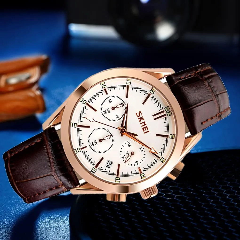 SKMEI Men Watches Black Leather Band Sports Large Big Face Luxury Waterproof Luminous Fashion Dress Casual Analog Quartz Chronograph Father Gifts Wrist Watch