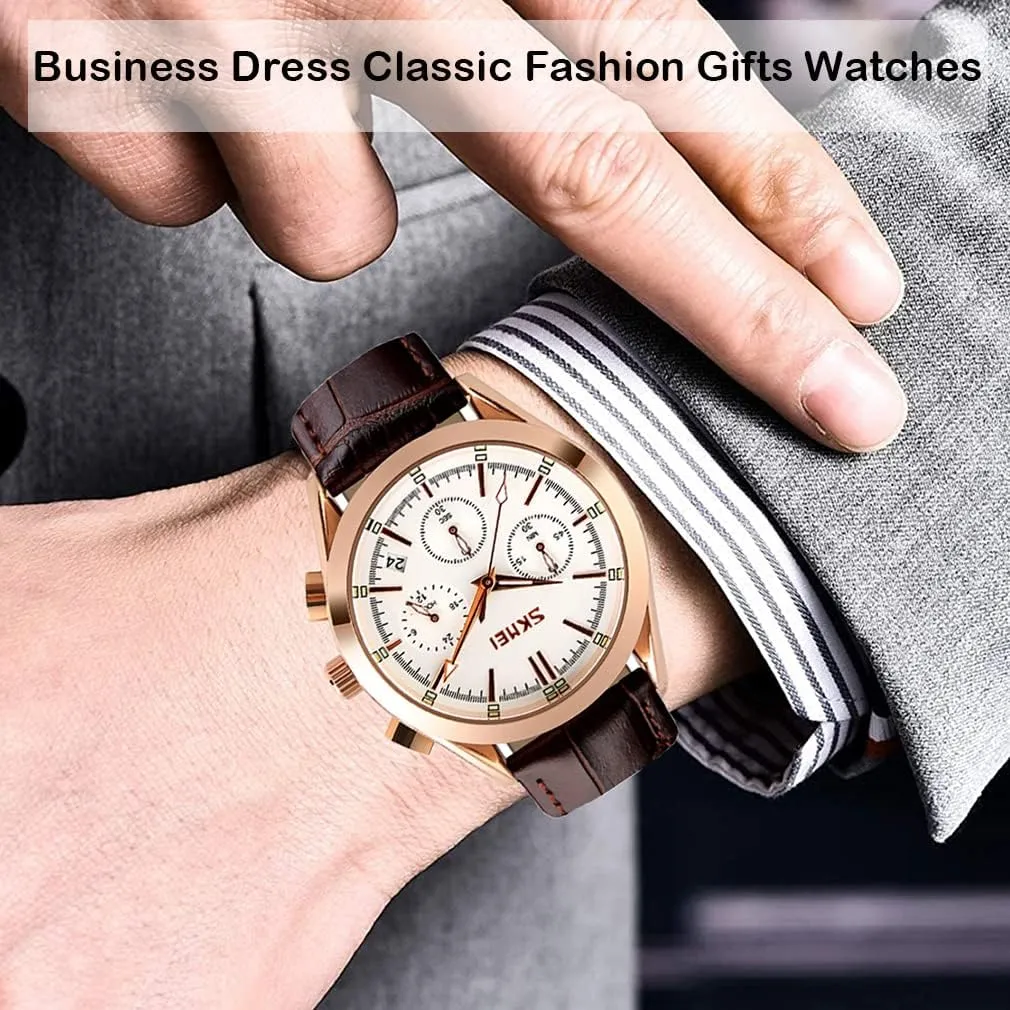 SKMEI Men Watches Black Leather Band Sports Large Big Face Luxury Waterproof Luminous Fashion Dress Casual Analog Quartz Chronograph Father Gifts Wrist Watch