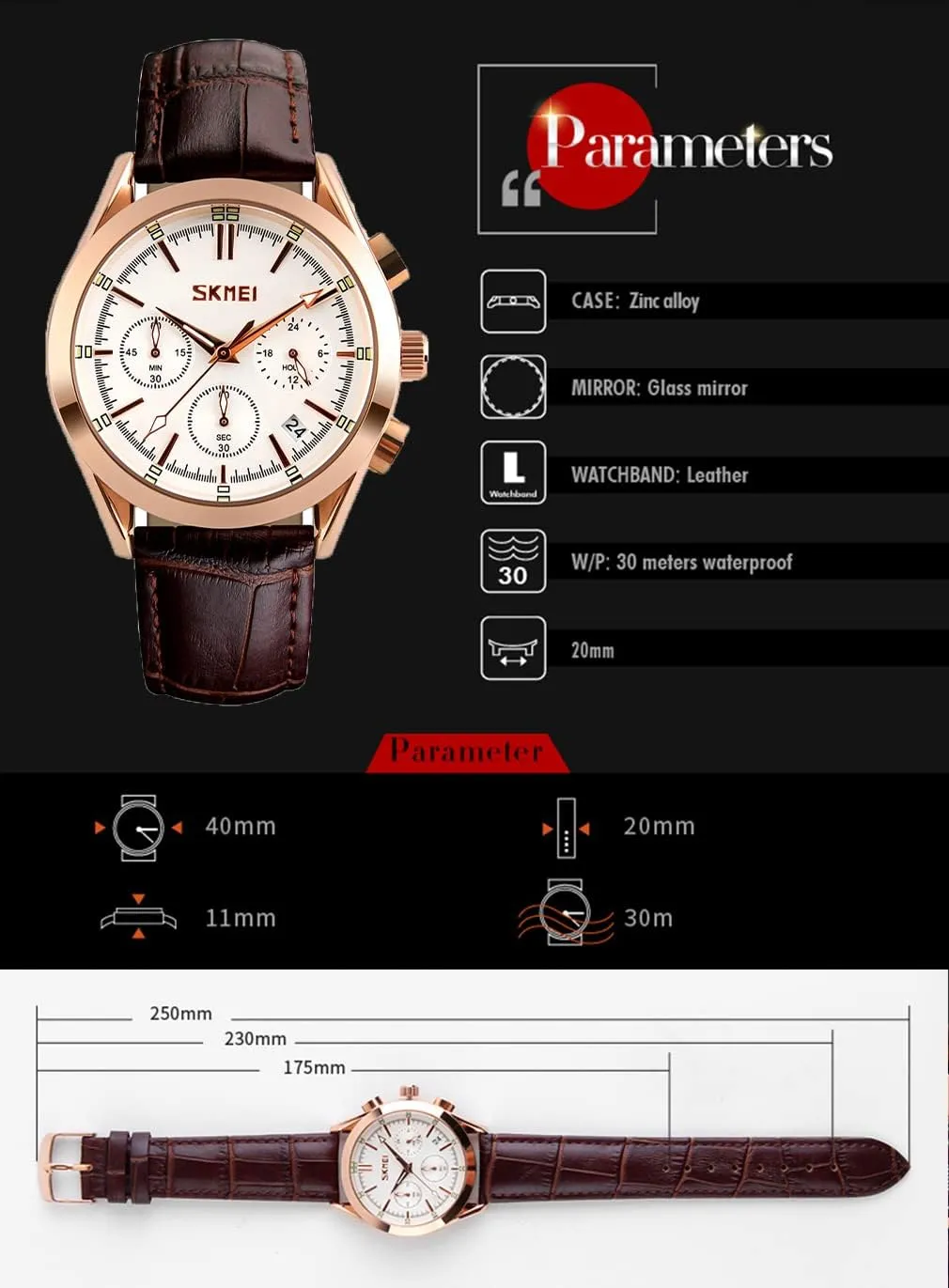 SKMEI Men Watches Black Leather Band Sports Large Big Face Luxury Waterproof Luminous Fashion Dress Casual Analog Quartz Chronograph Father Gifts Wrist Watch