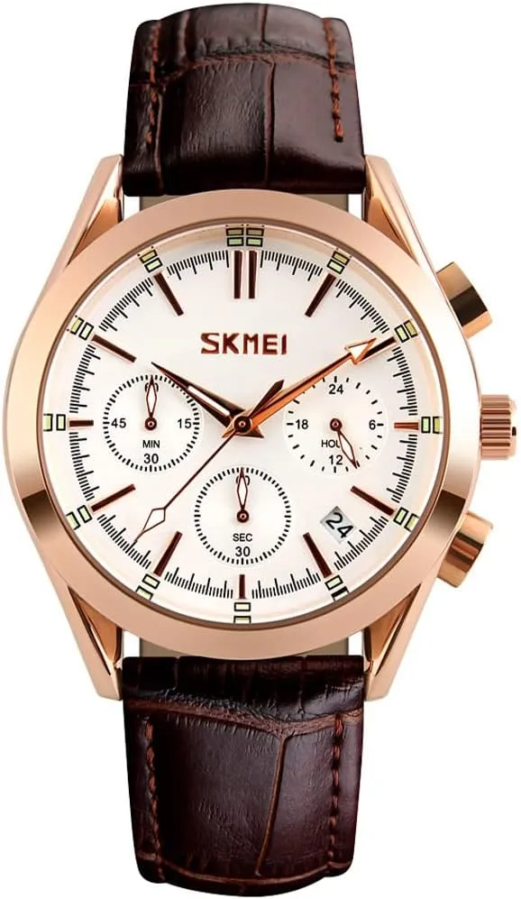 SKMEI Men Watches Black Leather Band Sports Large Big Face Luxury Waterproof Luminous Fashion Dress Casual Analog Quartz Chronograph Father Gifts Wrist Watch