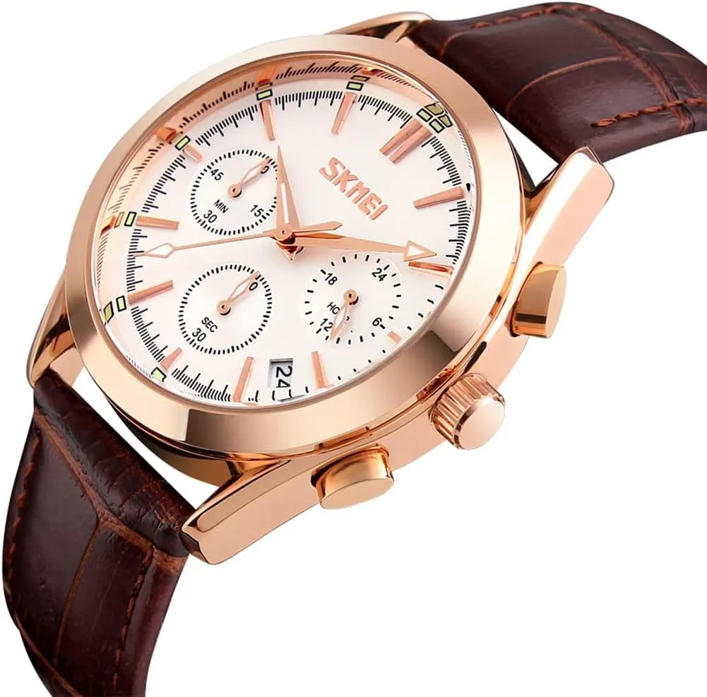 SKMEI Men Watches Black Leather Band Sports Large Big Face Luxury Waterproof Luminous Fashion Dress Casual Analog Quartz Chronograph Father Gifts Wrist Watch