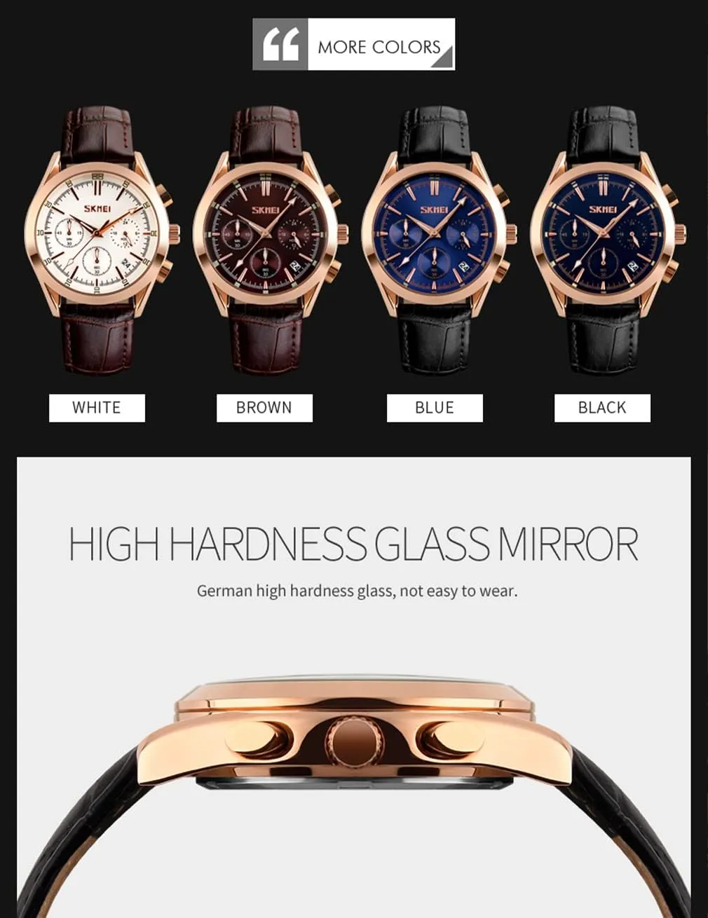 SKMEI Men Watches Black Leather Band Sports Large Big Face Luxury Waterproof Luminous Fashion Dress Casual Analog Quartz Chronograph Father Gifts Wrist Watch