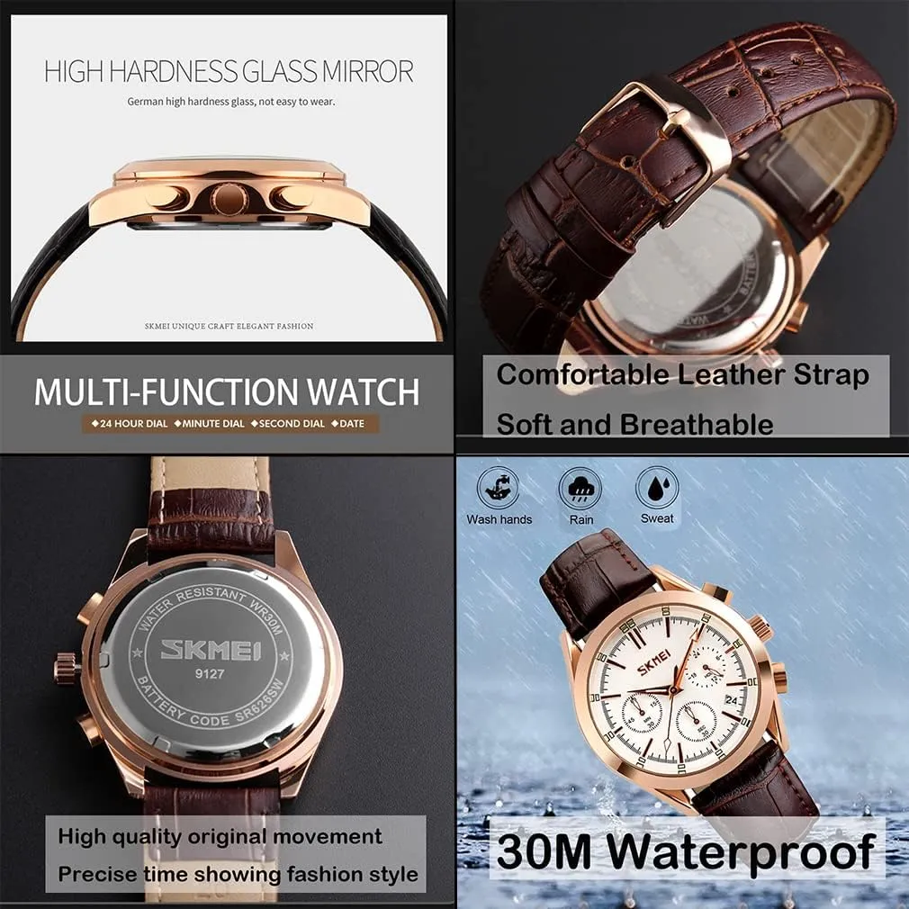SKMEI Men Watches Black Leather Band Sports Large Big Face Luxury Waterproof Luminous Fashion Dress Casual Analog Quartz Chronograph Father Gifts Wrist Watch