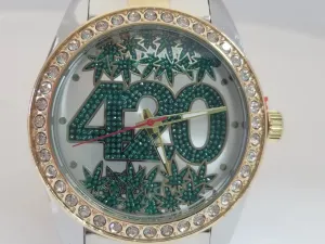 Stainless Steel Montres Carlo Gold/Silver Wristwatch w/ Jewel Inset Face