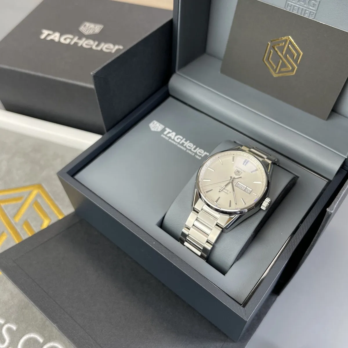 Tag Heuer Carrera Calibre 5 Day-Date Automatic Grey Dial Steel Men's Watch - WAR201B.BA0723