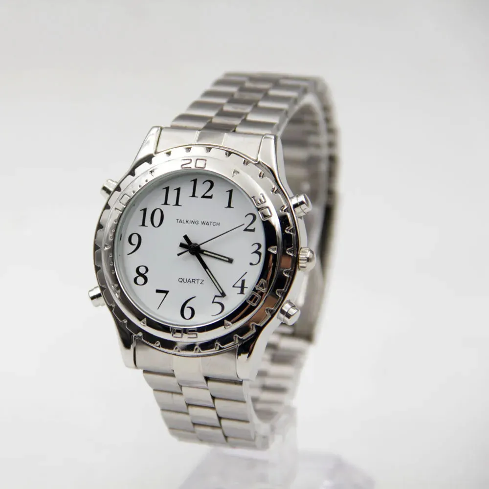 Talking Quartz Wristwatch – Designed for the Blind and Visually Impaired. Featuring a classic stainless steel design, this fashionable timepiece combines style with functionality for easy time-telling