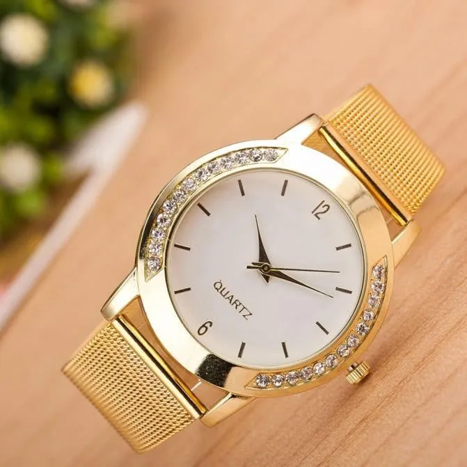 Uhren El reloj L'Orologio women Mode Femmes Cristal d'or en acier inoxydable analogique quartz montre-bracelet (or, argent)