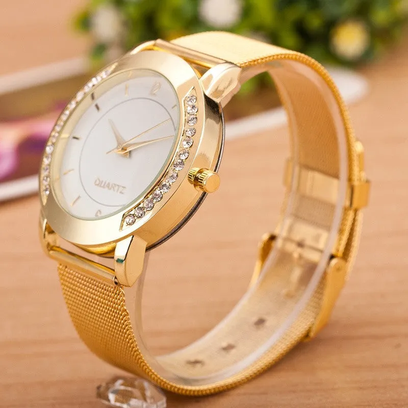 Uhren El reloj L'Orologio women Mode Femmes Cristal d'or en acier inoxydable analogique quartz montre-bracelet (or, argent)
