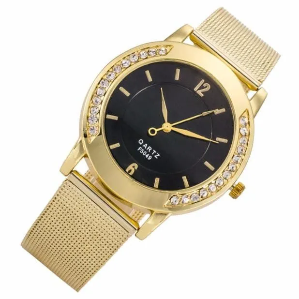 Uhren El reloj L'Orologio women Mode Femmes Cristal d'or en acier inoxydable analogique quartz montre-bracelet (or, argent)