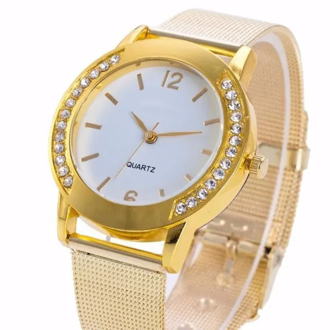 Uhren El reloj L'Orologio women Mode Femmes Cristal d'or en acier inoxydable analogique quartz montre-bracelet (or, argent)