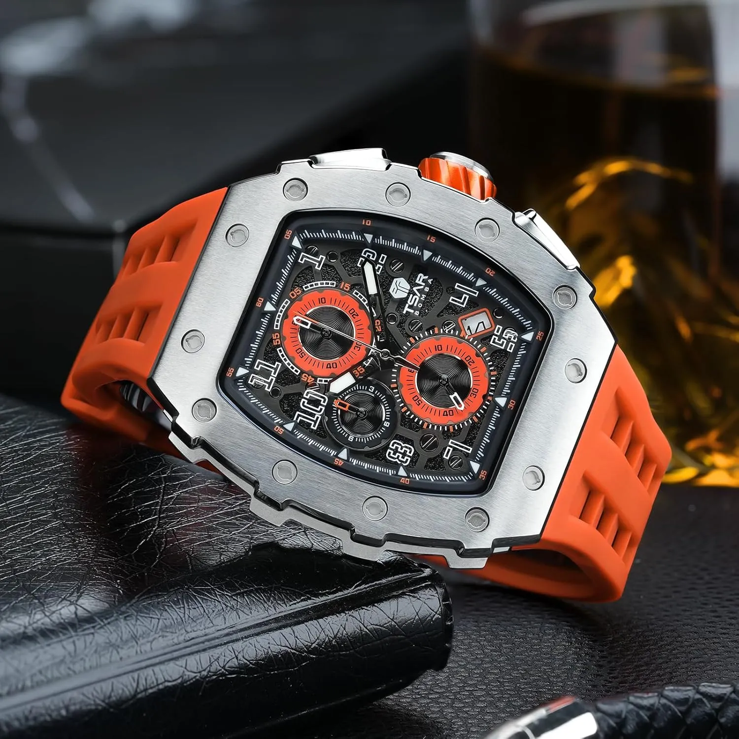 Watch for Men, 50M Waterproof Mens Watches, Luxury Tonneau Watch with Silicone Watch Bands, Japanese Quartz Movement Chronograph, Gifts for Men