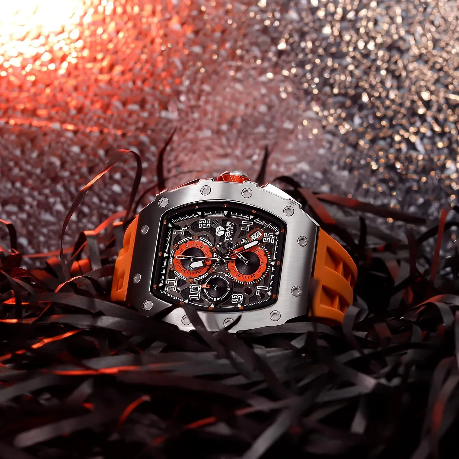 Watch for Men, 50M Waterproof Mens Watches, Luxury Tonneau Watch with Silicone Watch Bands, Japanese Quartz Movement Chronograph, Gifts for Men