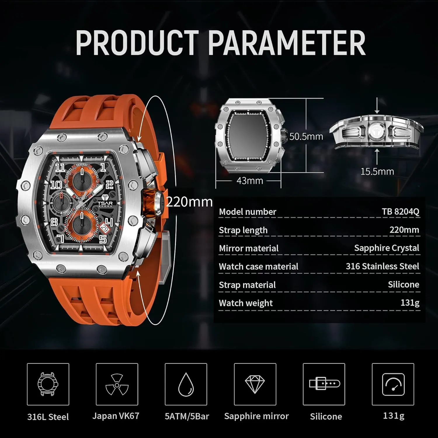 Watch for Men, 50M Waterproof Mens Watches, Luxury Tonneau Watch with Silicone Watch Bands, Japanese Quartz Movement Chronograph, Gifts for Men
