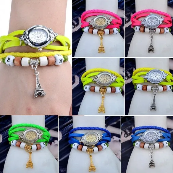 Women's Quartz Tower Pendant Weave Wrap Synthetic Leather Bracelet Wrist Watch