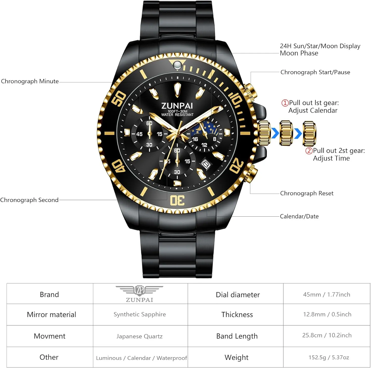 ZUNPAI Moon Phase Watch for Men Multifunction Chronograph, 45mm Large Dial Analog Quartz Wristwatch Luxury Business Dress Watch with Luminous Waterproof Calendar Stainless Steel Strap